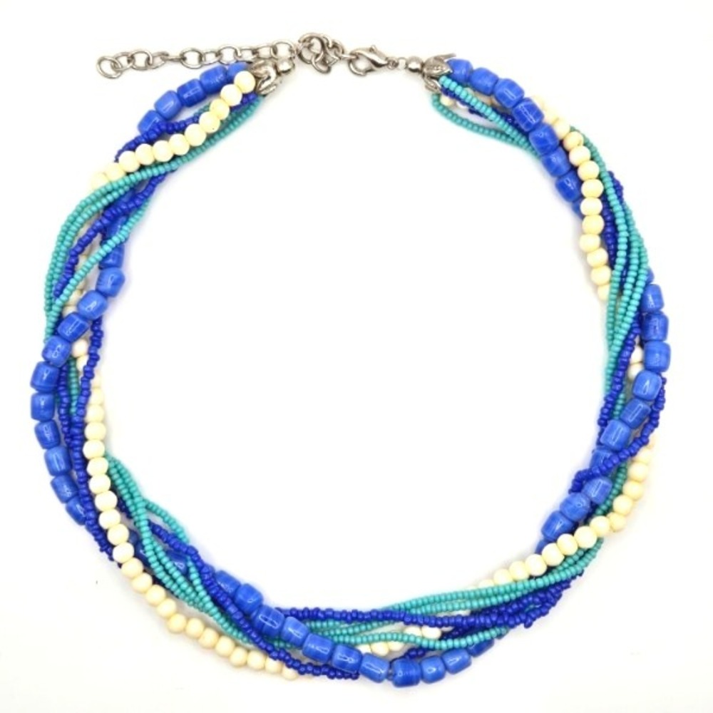 7-Strand Beaded Necklace Marbled and Blue Glass with Hand-Carved Cream Beads 16"